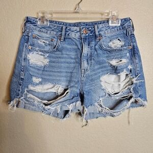 American Eagle 6 Tomgirl High Rise Distressed Denim Shorts Blue Womens